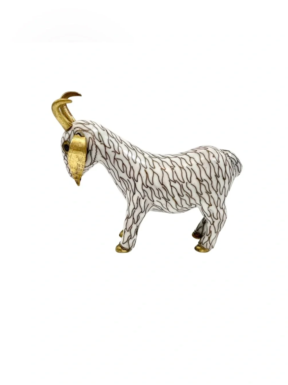 Vintage Chinese Cloisonne White Goat Ram Figurine Brass Enamel Collectible Decor